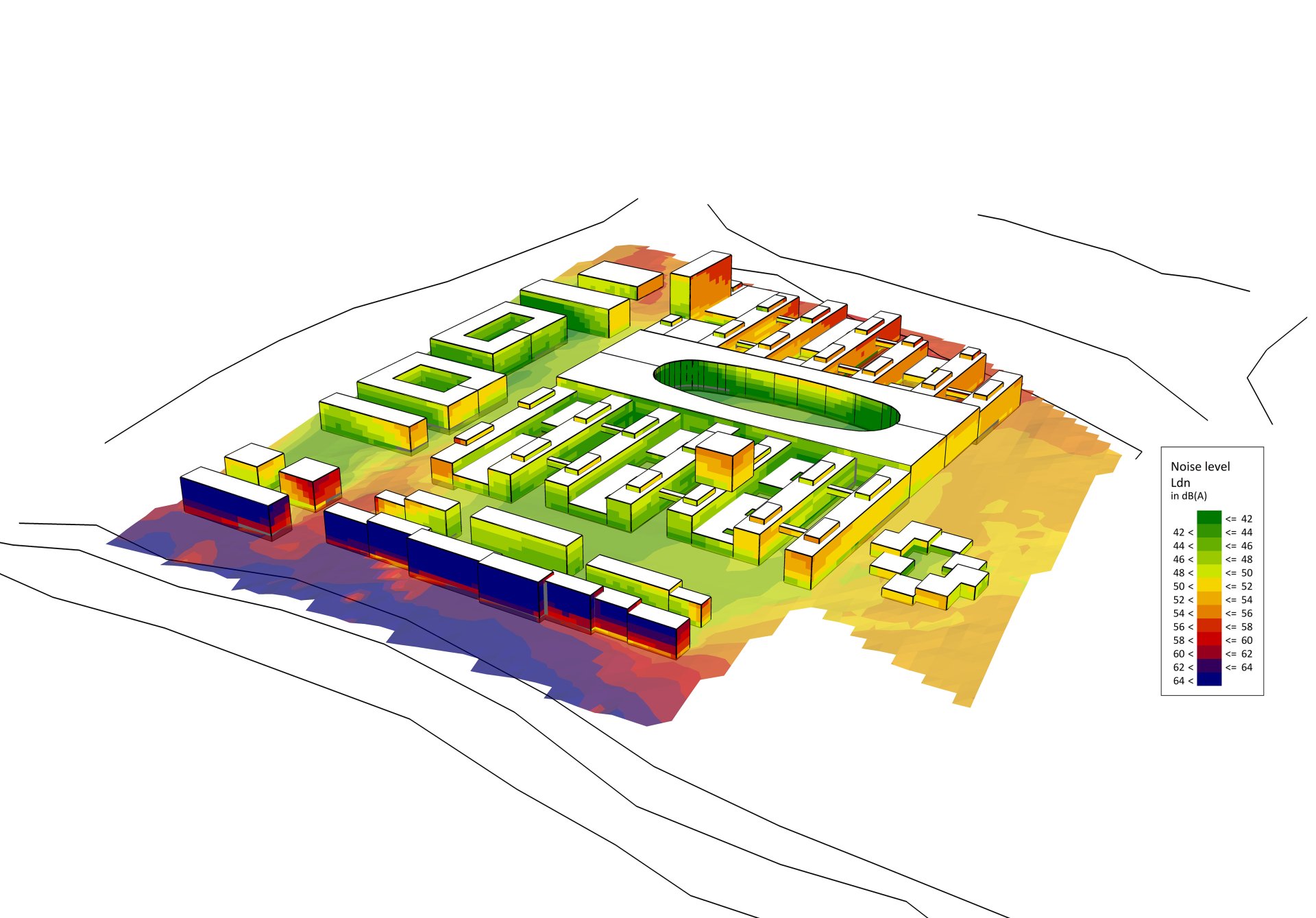 3D plan sketch of a city with the analysis values for sound propagation